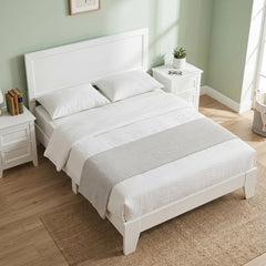 Full Size Modern White Wood Platform Bed with Framed Headboard and Tapered Legs