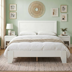 Full Size Modern White Wood Platform Bed with Framed Headboard and Tapered Legs