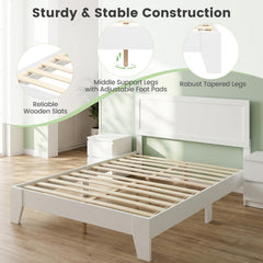 Full Size Modern White Wood Platform Bed with Framed Headboard and Tapered Legs