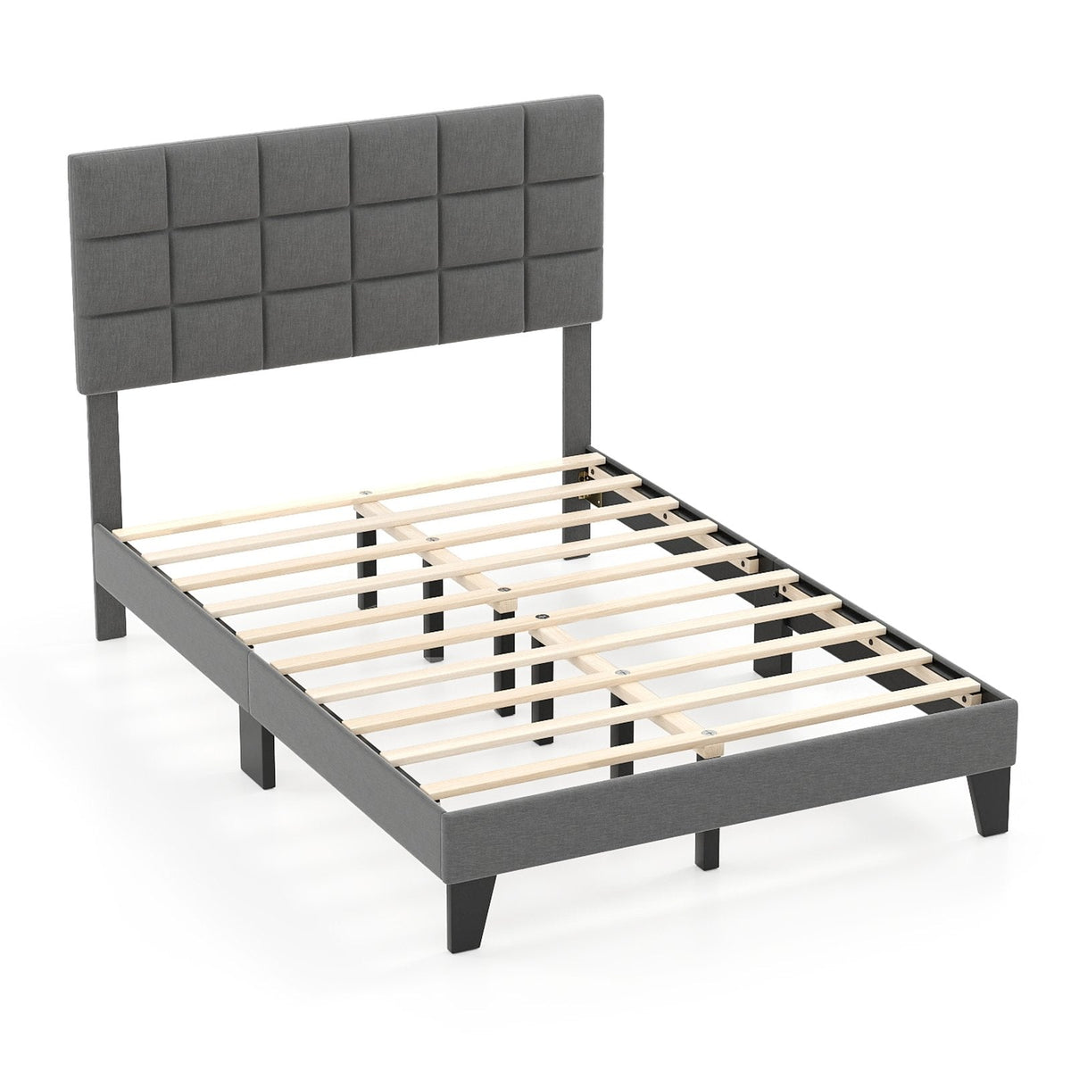 Full Size Linen Upholstered Bed Frame with 3 Position Adjustable Headboard and 10 Slats, Gray