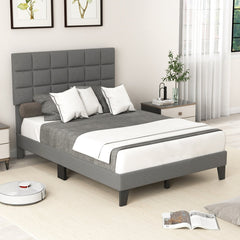 Full Size Linen Upholstered Bed Frame with 3 Position Adjustable Headboard and 10 Slats, Gray