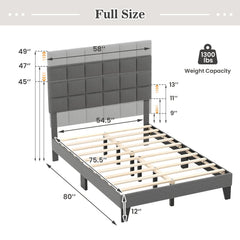 Full Size Linen Upholstered Bed Frame with 3 Position Adjustable Headboard and 10 Slats, Gray