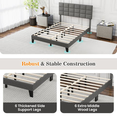 Full Size Linen Upholstered Bed Frame with 3 Position Adjustable Headboard and 10 Slats, Gray