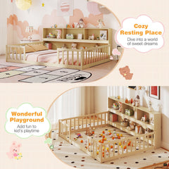 Full Size Montessori Floor Bed with Bookcase-Natural