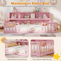Full Size Montessori Floor Bed with Bookcase-Pink