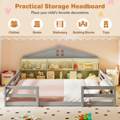 Full Size Montessori Floor Bed with Storage Compartments and Shelf-Gray