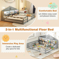 Full Size Montessori Floor Bed with Storage Compartments and Shelf-Gray