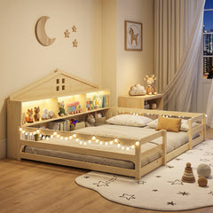 Full Size Montessori Floor Bed with Storage Compartments and Shelf-Natural