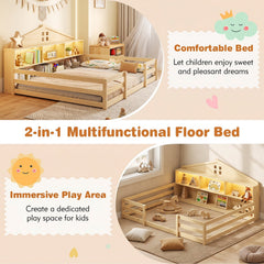 Full Size Montessori Floor Bed with Storage Compartments and Shelf-Natural