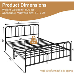Queen Metal Bed Frame with Arched Headboard and Footboard, 1100 lb Capacity, Black