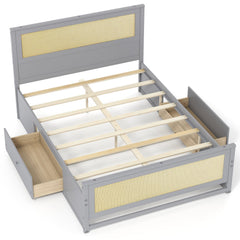 Full Size Rattan Bed Frame with Storage Drawers-Gray