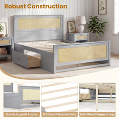 Full Size Rattan Bed Frame with Storage Drawers-Gray
