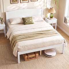 Full Size Wooden Platform Bed Frame with Curved Headboard-White