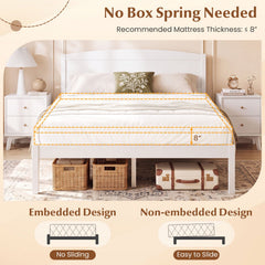 Full Size Wooden Platform Bed Frame with Curved Headboard-White