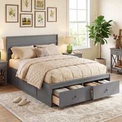 Full Size Wooden Platform Bed with 2 Drawers, Enclosed Base and 40.5 Inch Headboard, Gray