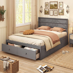 Full Size Wooden Platform Bed with 2 Drawers, Enclosed Base and 40.5 Inch Headboard, Gray