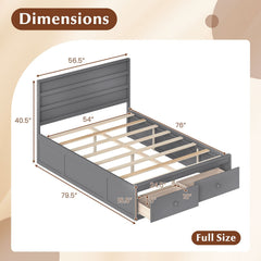 Full Size Wooden Platform Bed with 2 Drawers, Enclosed Base and 40.5 Inch Headboard, Gray