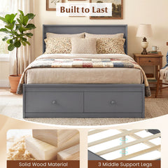 Full Size Wooden Platform Bed with 2 Drawers, Enclosed Base and 40.5 Inch Headboard, Gray