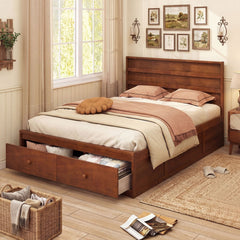 Full Size Wooden Platform Bed with 2 Storage Drawers and Enclosed Base, Walnut