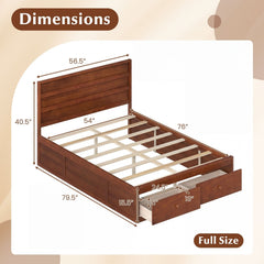 Full Size Wooden Platform Bed with 2 Storage Drawers and Enclosed Base, Walnut