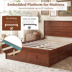 Full Size Wooden Platform Bed with 2 Storage Drawers and Enclosed Base, Walnut