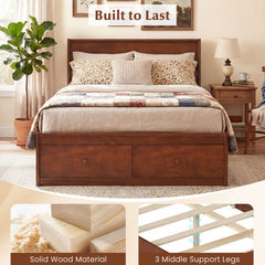 Full Size Wooden Platform Bed with 2 Storage Drawers and Enclosed Base, Walnut