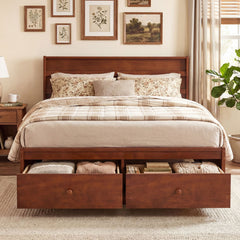Full Size Wooden Platform Bed with 2 Storage Drawers and Enclosed Base, Walnut