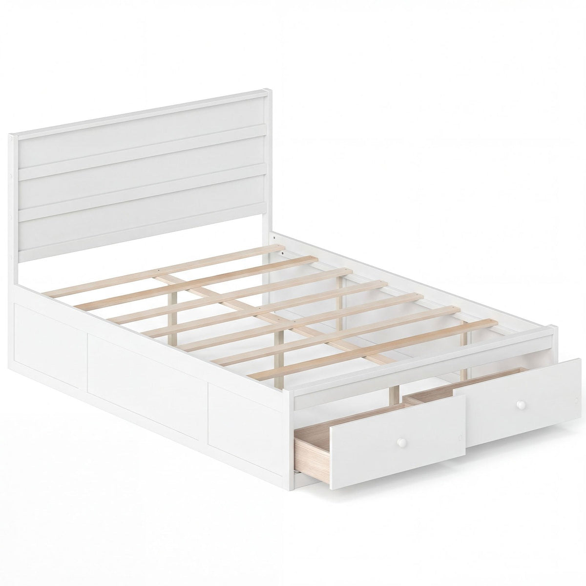 Full Size Wooden Platform Bed with 2 Storage Drawers and Enclosed Base, White