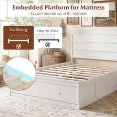 Full Size Wooden Platform Bed with 2 Storage Drawers and Enclosed Base, White