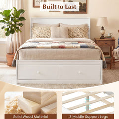 Full Size Wooden Platform Bed with 2 Storage Drawers and Enclosed Base, White