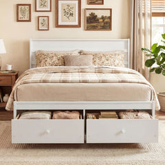 Full Size Wooden Platform Bed with 2 Storage Drawers and Enclosed Base, White