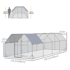 Chicken Run Outdoor, Galvanized Large Metal Chicken Coop Cage, Walk-in Enclosure Poultry Hen Run House Playpen Rabbit Hutch with Flat Roof, Cover, 9.2'x6.2'x6.5', Silver