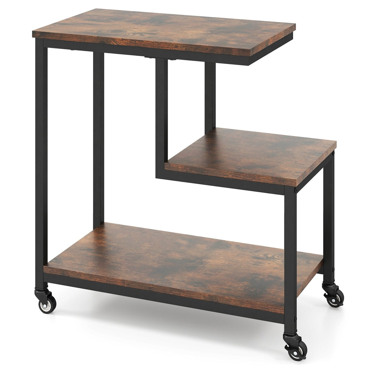 G-shaped Side Table 3-Tier Mobile End Table with Open Shelves-Rustic Brown