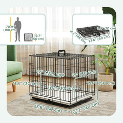 24" Dog Crate with 2 Doors, Folding Metal Dog Cage with Soft Cushion, Removable Tray, Handle for Extra Small Dogs, Black