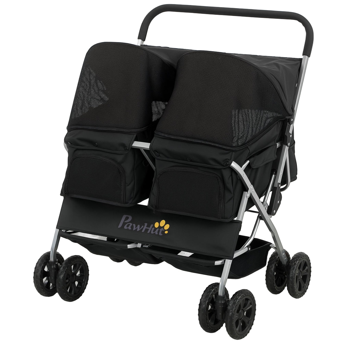 Double Pet Stroller, Foldable Dog Stroller with 2-Seater Carrier, Sunshade, Removable Pad, Safety Belt, Storage Basket