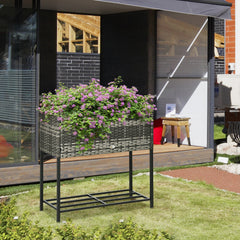 Rattan Raised Garden Boxes, Elevated Flower Beds with Storage Shelf for Herbs, Flowers, Vegetables, Brown