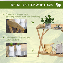 Garden Potting Bench Table, Wooden Work Station, Outdoor Planting Workbench w/ Galvanized Metal Tabletop and Storage Shelf