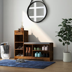 Upholstered Shoe Storage Bench w/ Seat, Entrance Bench w/ Drawer and 6 Open Shelves for Hallway, Grey