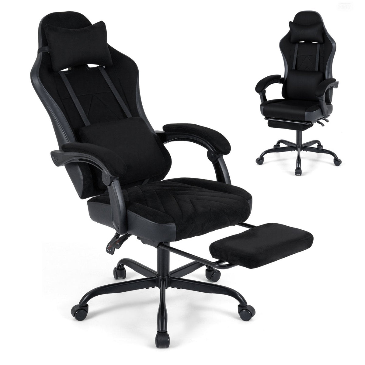 Gaming Chair Height Adjustable Computer Chair with Headrest Lumbar Support Linkage Armrests-Black