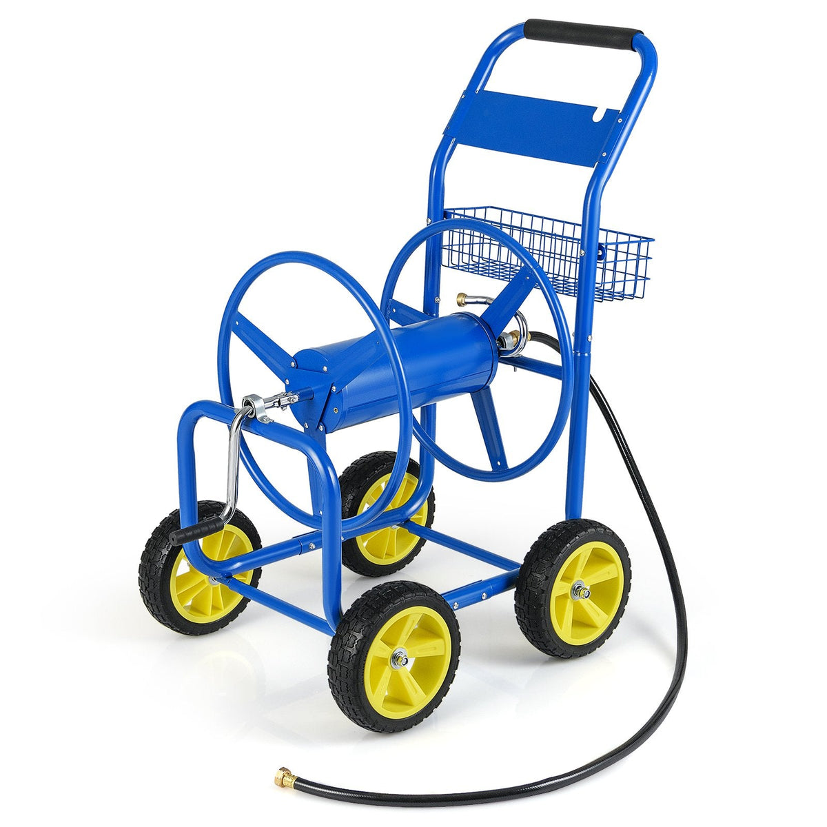 Garden Hose Reel Cart Metal Hose Cart with 4 Wheels and Storage Basket-Blue