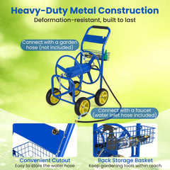 Garden Hose Reel Cart Metal Hose Cart with 4 Wheels and Storage Basket-Blue
