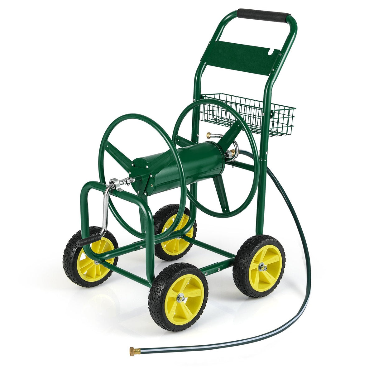 Garden Hose Reel Cart Metal Hose Cart with 4 Wheels and Storage Basket-Green