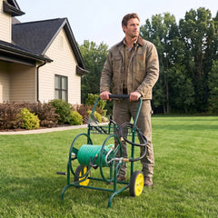 Garden Hose Reel Cart with 2 Wheels and Storage Basket-Green