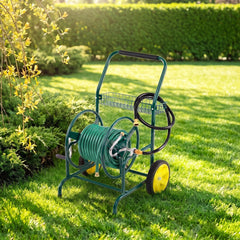 Garden Hose Reel Cart with 2 Wheels and Storage Basket-Green