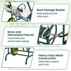 Garden Hose Reel Cart with 2 Wheels and Storage Basket-Green
