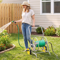 Garden Hose Reel Cart with 2 Wheels and Storage Basket-Silver