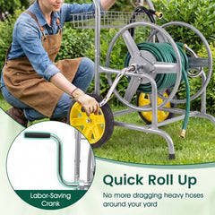 Garden Hose Reel Cart with 2 Wheels and Storage Basket-Silver