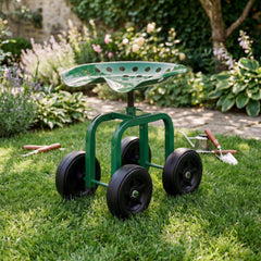 Garden Rolling Workseat with 360°Swivel Seat and Adjustable Height-Green