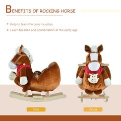 Baby Rocking Horse, Plush Animal Rocker for Toddlers Aged 18-36 Months, Stuffed Ride Toy with Hand Puppet, Sounds, Seat Belt, Brown