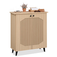 Geometric Cabinet 2‑Door PU‑like Freestanding Footwear Storage with Carved Panels for Entryway Hallway Living Room-Natural